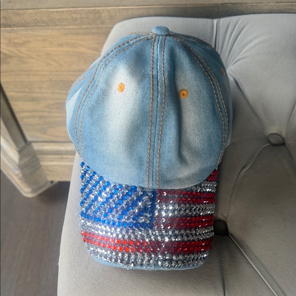 Denim Cap with American Flag Rhinestones